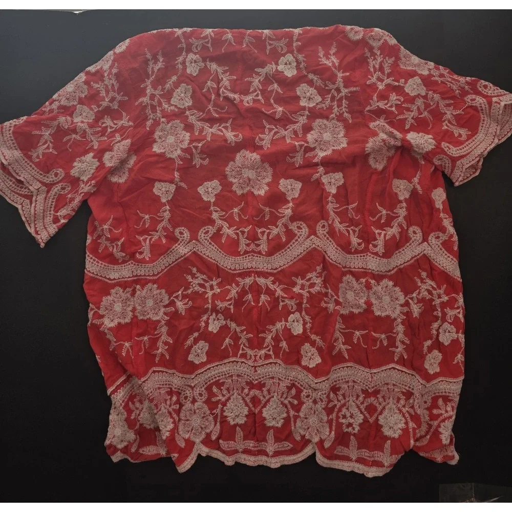 Coral Red Embroidered Cover Up Sz L Tassel Tie Kimono Short Sleeve Boho Cutie